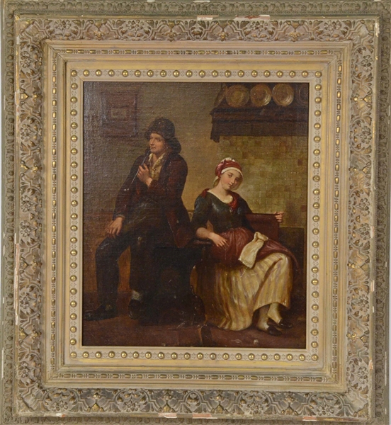 Oil on Canvas, Interior Scene with Figures