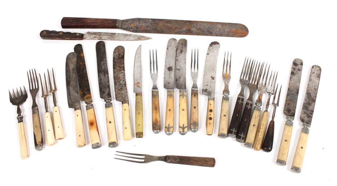 Primitive Wood and Pewter Handled Forks & Knives
