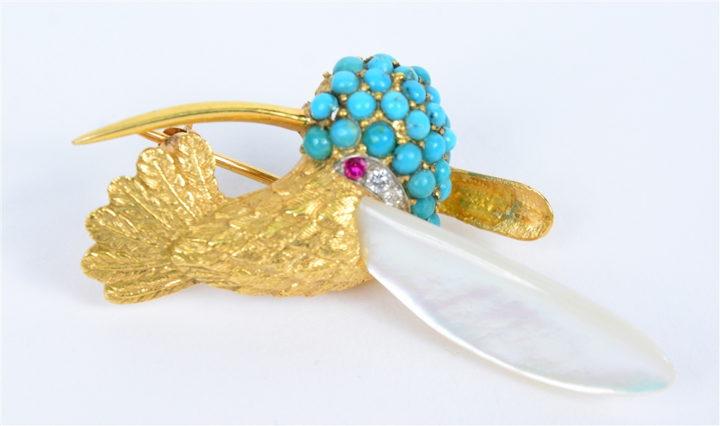 18K Yellow Gold and Stone Toucan Brooch