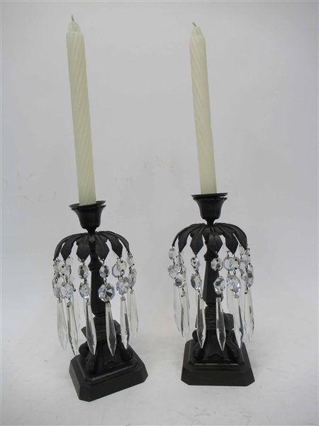 Pair of Metal and Crystal Candlesticks