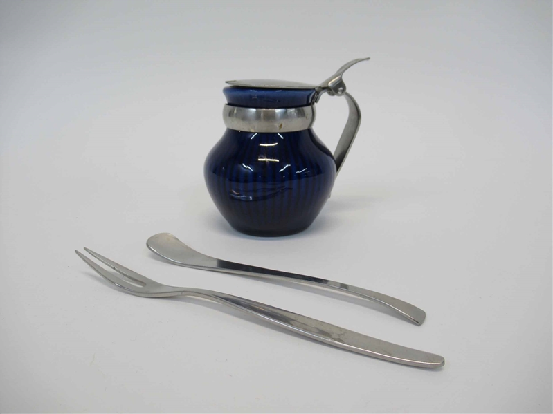 Swedish Blue Pottery and Metal Mustard Pot