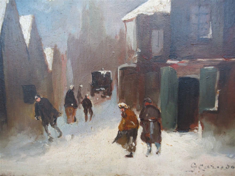 Oil on Panel of Snowy Street Scene