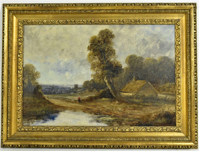 Oil on Canvas, Figure and Cottage in Landscape