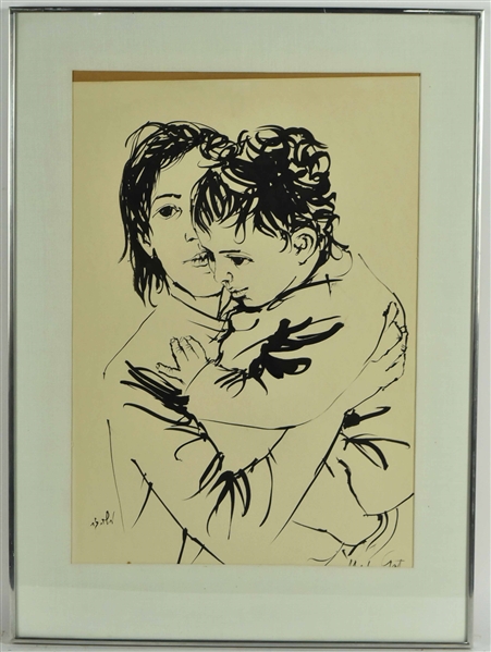 Ink on Paper, Mother and Child, Moshe Gat