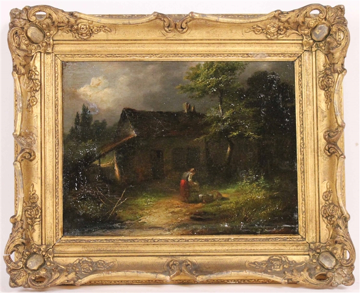 Oil on Canvas Continental Peasant and Cabin
