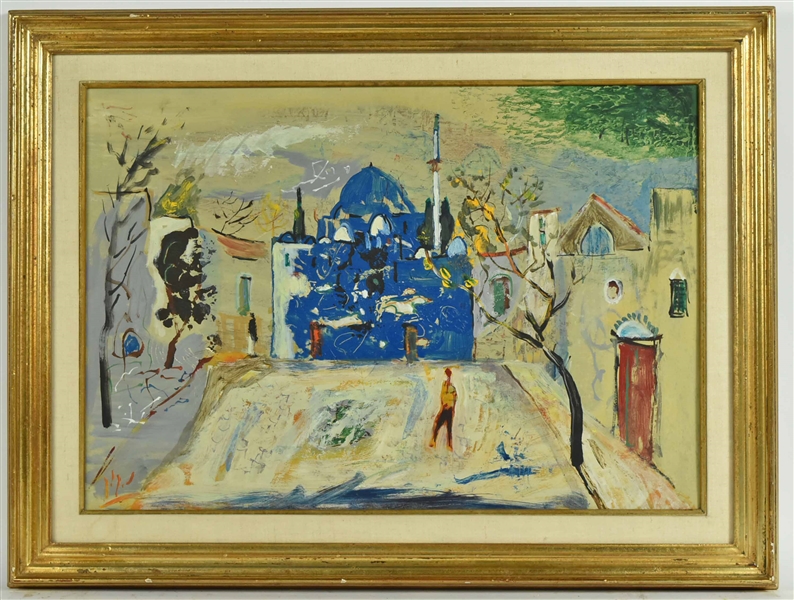 Oil on Board, Abstract Figured in Courtyard