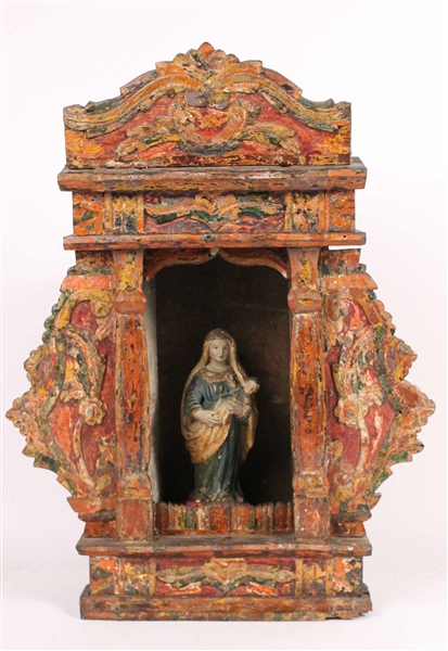 Carved Wood and Painted Madonna and Child Niche 