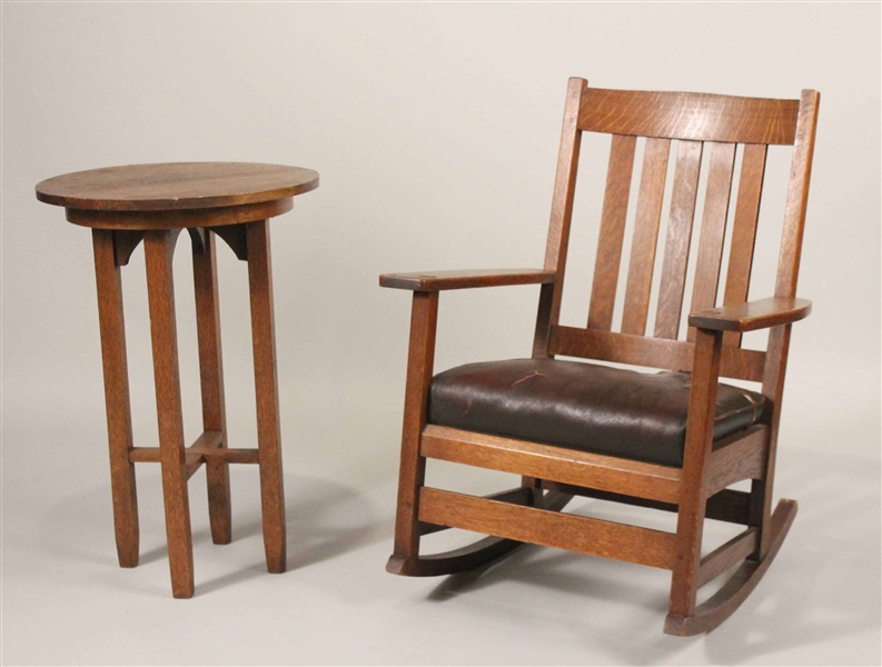 Stickley Oak Rocking Chair and Side Table
