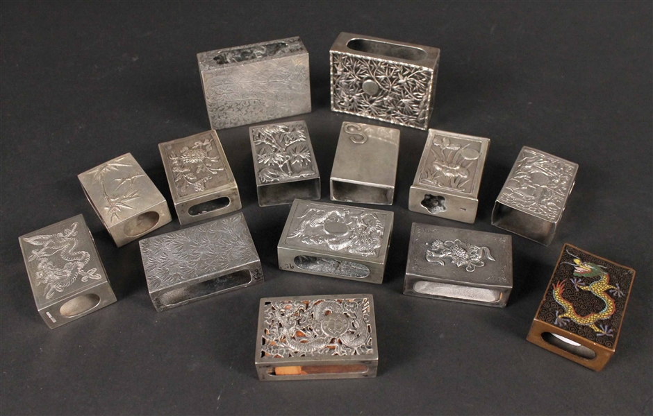 Fourteen Chinese Export Silver Match Box Safes