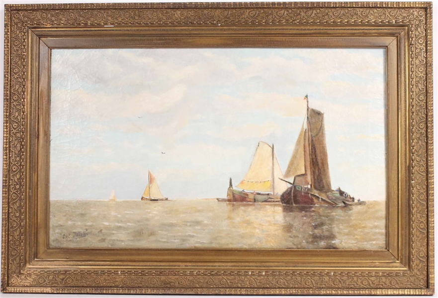 Oil on Canvas Sailboats Louis Adolphe Jacobs