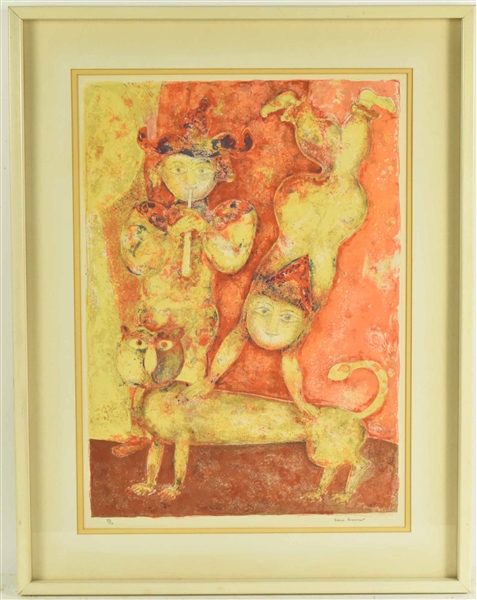 Print, Two Asian Figures with Cat, Sakti Berman