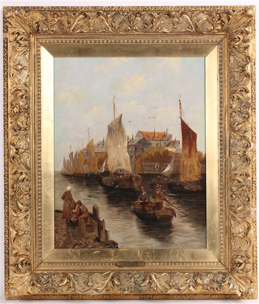 Oil on Canvas Fishing Boats E. Lott
