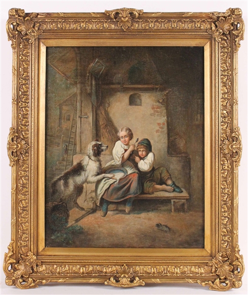 Oil on Canvas Interior Scene Dog Spilling Milk