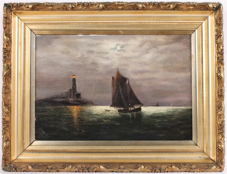 Oil on Canvas Maritime Moonlight Scene A.M Becker