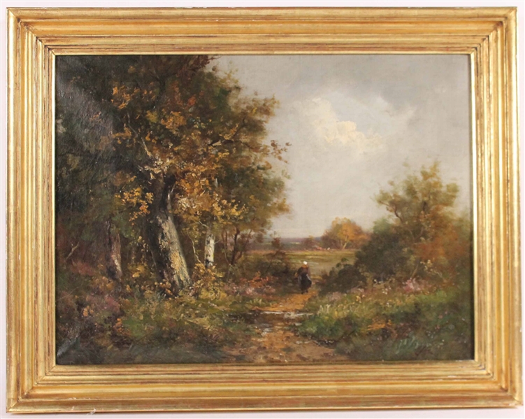 Oil on Canvas Landscape with Figure, J A Descamps