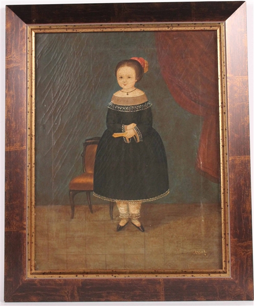 Oil on Canvas Primitive Portrait of a Girl