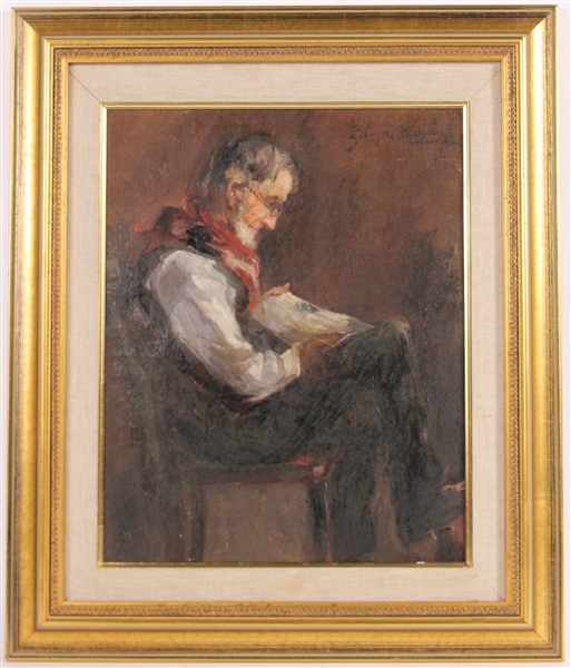 Oil on Canvas Old Man Reading Zelma Baylos