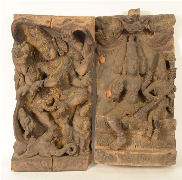 Two Carved Wood Plaques of Shiva