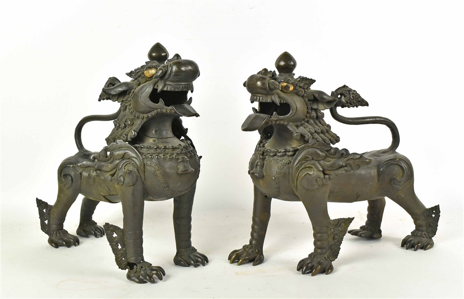 Pair of Southeast Asian Patinated Metal Foo Dogs