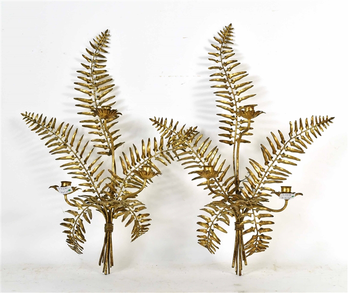 Pair Gilt Metal Fern Leaf Form Wall Sconces