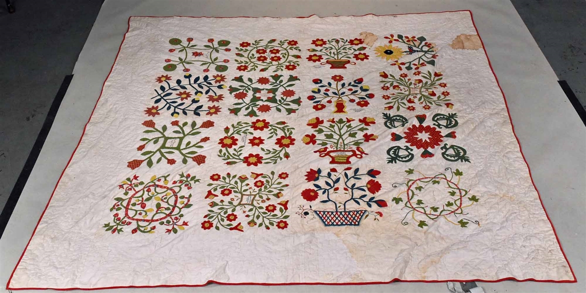 Hand-Stitched Floral Decorated Album Quilt 