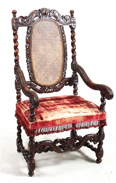 Charles II Carved Walnut Caned Back Armchair