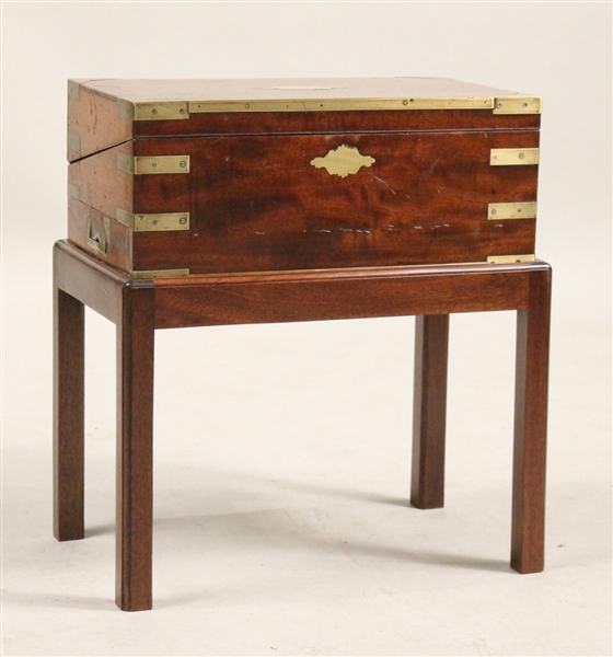 Brass-Inlaid Mahogany Campaign Desk on Stand