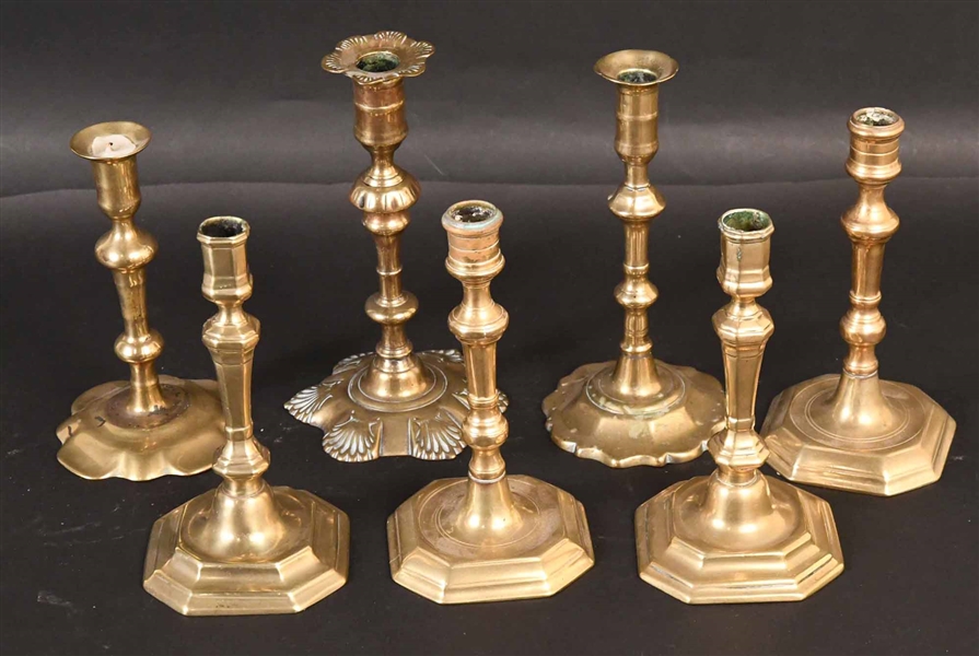 Group of Seven Queen Anne Brass Candlesticks