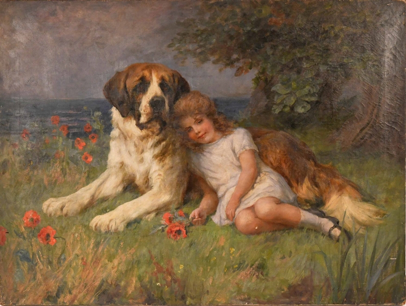 Oil on Canvas Girl with Dog, George Sheridan Knowles