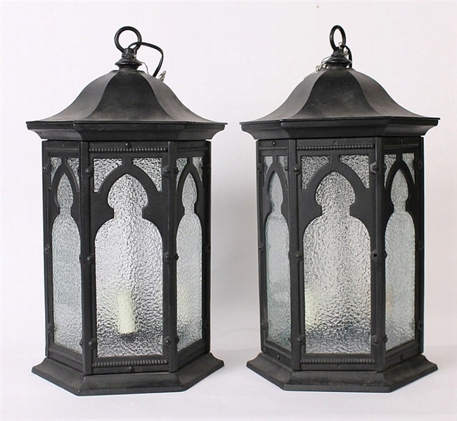 Pair of Black-Painted Iron Hexagonal Lanterns