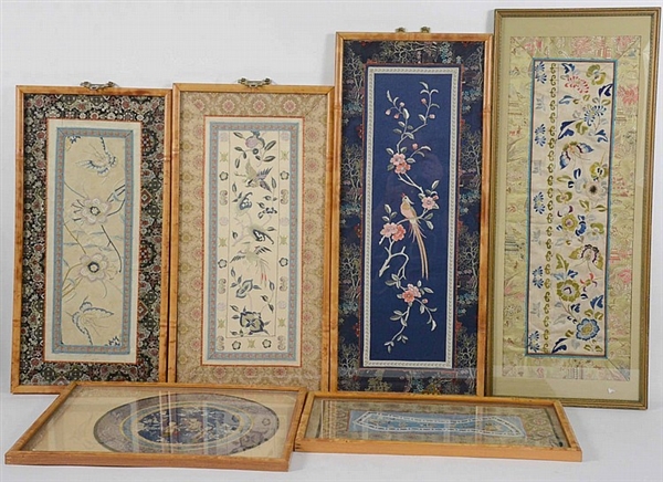 Six Framed Chinese Embroidered Silk Panels