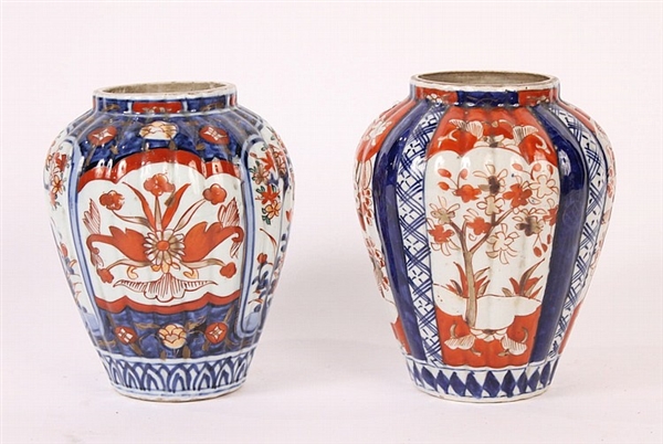 Pair of Japanese Imari Porcelain Ribbed Jars