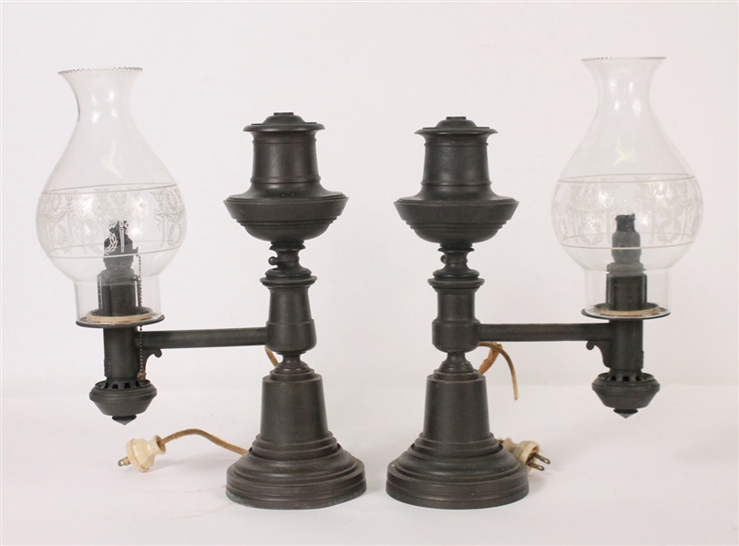 Pair of Bronze One-Arm Argand Lamps