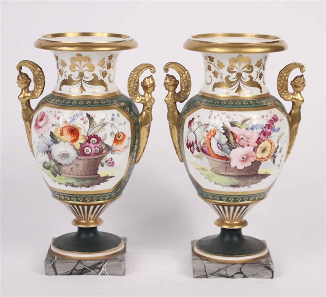 Pair of Painted Porcelain Double Handled Urns