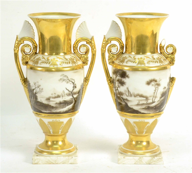 Pair of French Porcelain Double Handled Urns