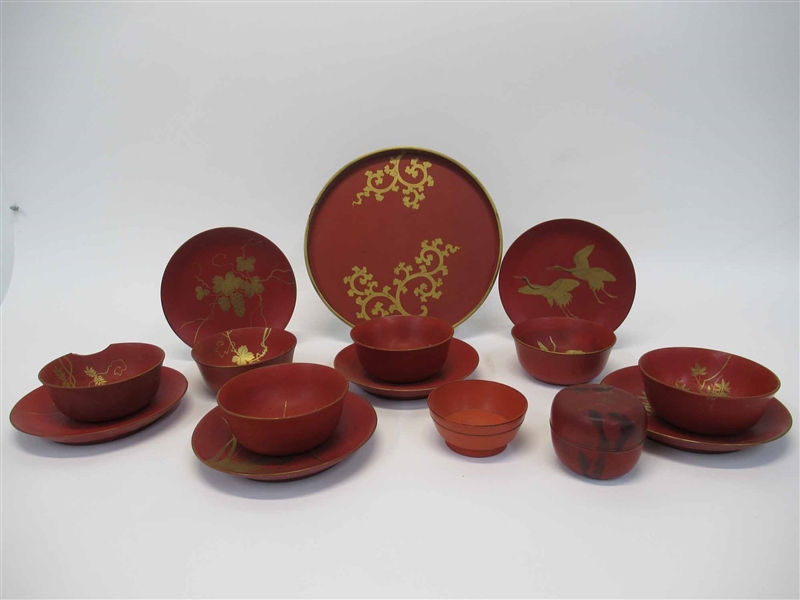 Set of Red Lacquered Oriental Plates