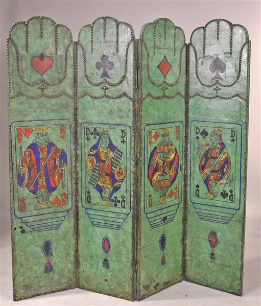 Whimsical Painted Leather Four-Panel Screen