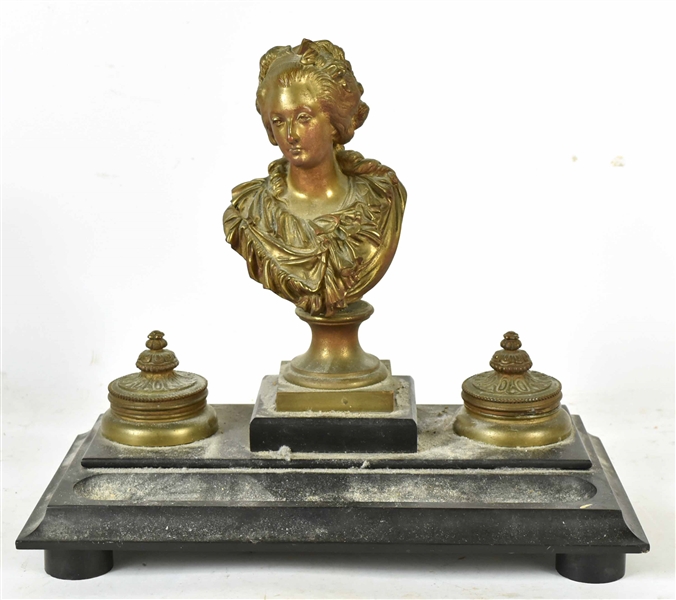 French Bronze Stone Mounted Inkwell
