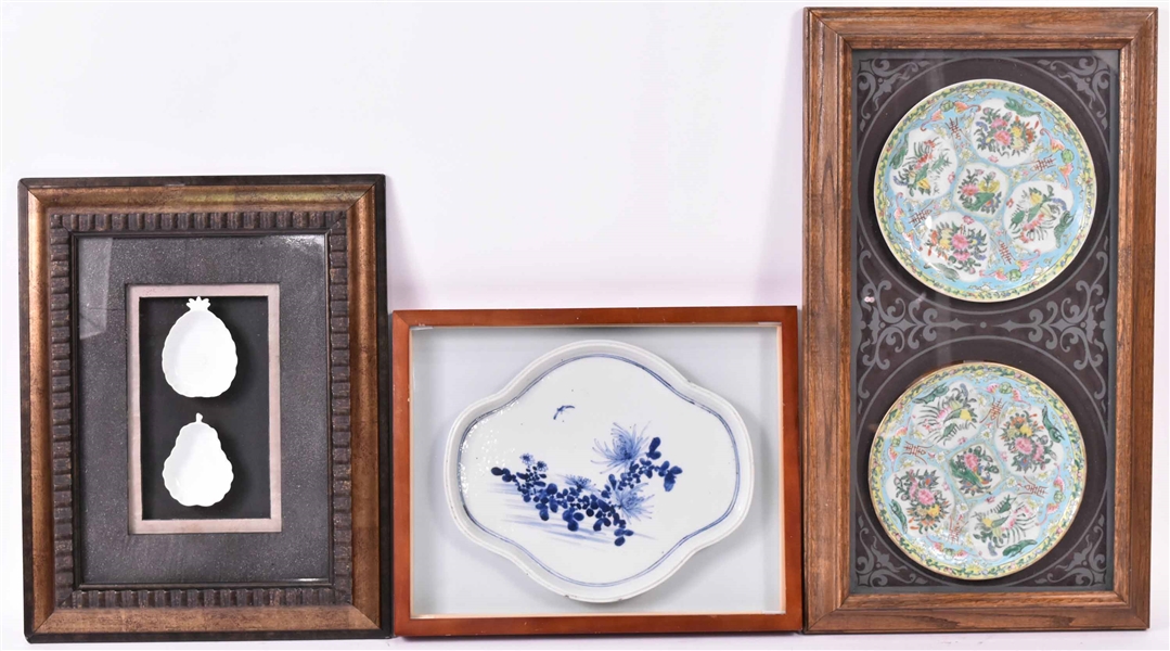 Three Chinese Porcelain Shadow Box Framed Plates