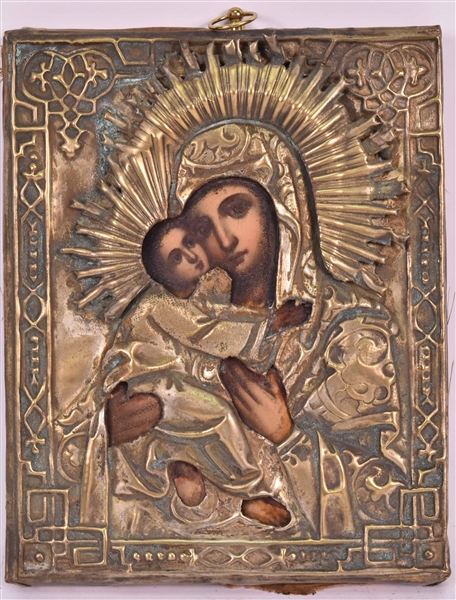 Russian Icon Brass on Wood Mary & Jesus