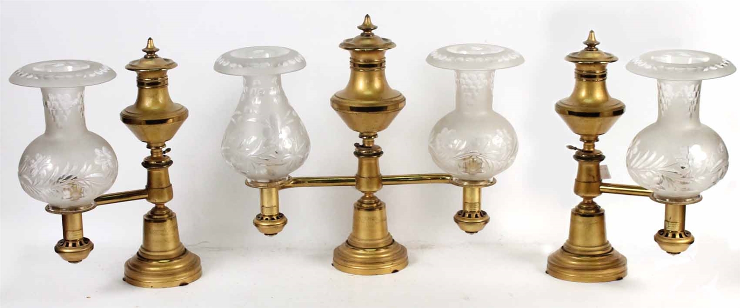 Three Piece Set of Brass and Glass Argand Lamps
