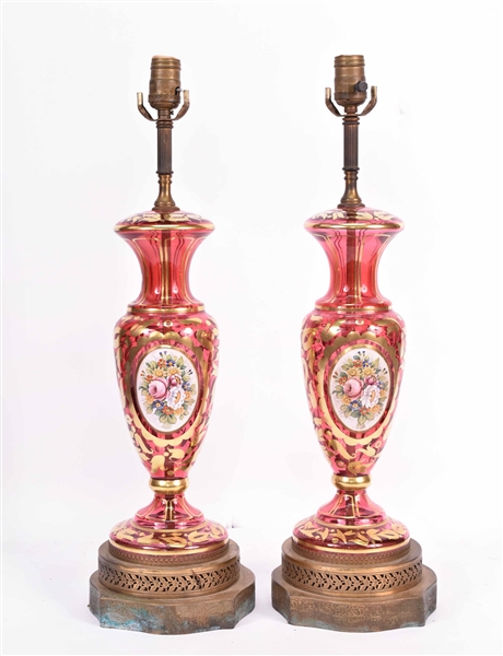Pair Cranberry Gilt and Enamel Glass Vases