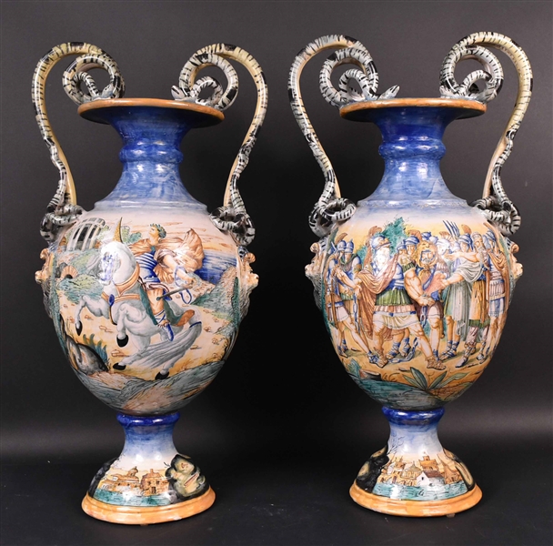 Pair of Majolica Double Handled Vases