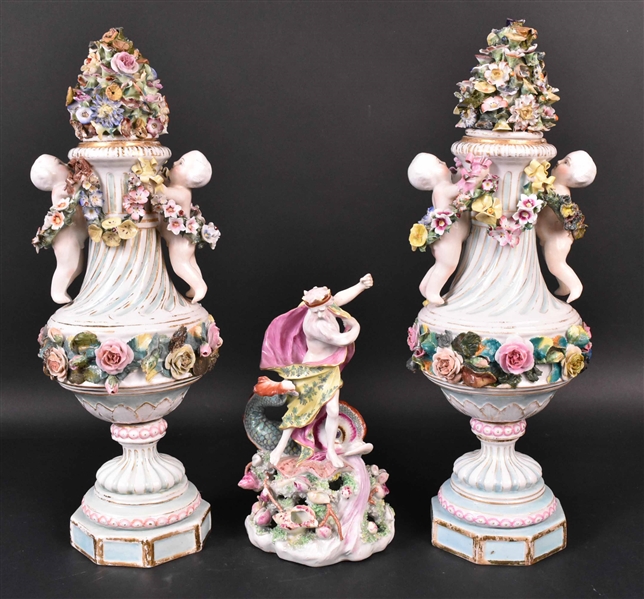 Pair of Putti and Floral Decorated Covered Vases