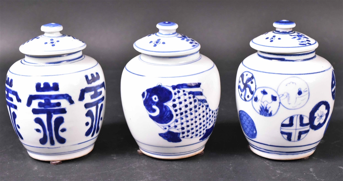 Three Chinese Blue & White Porcelain Covered Jars