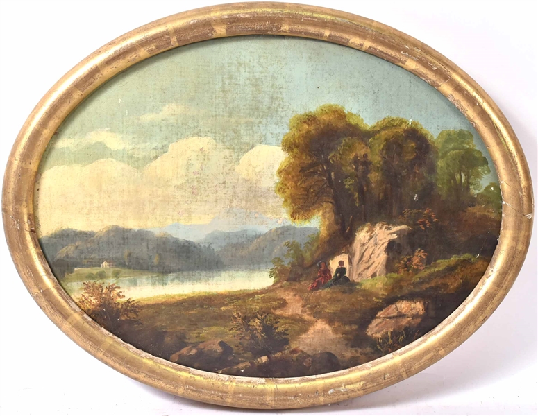 Oval Oil on Canvas, Bucolic River Scene