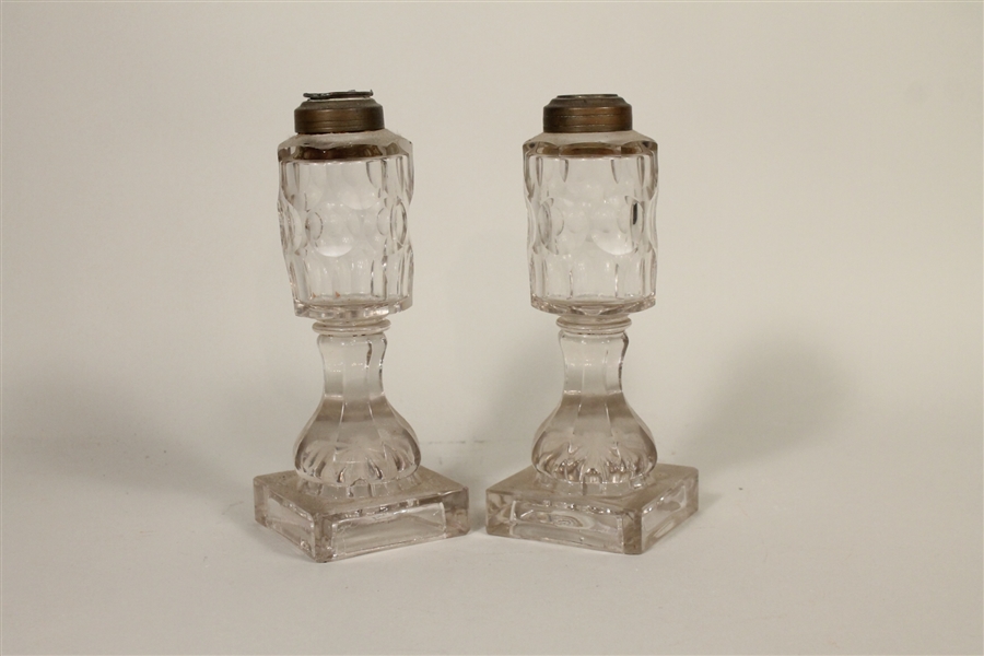 Pair of Sandwich Glass Whale Oil Lamps