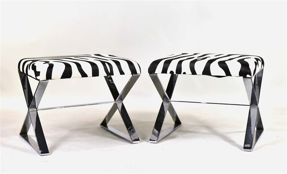 Pair of Zebra Printed Hide and Chrome Stools