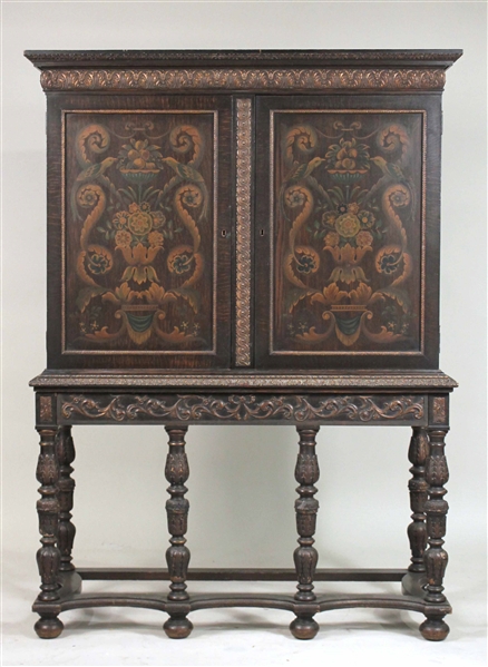 Baroque Style Paint-Decorated Oak Chest on Stand