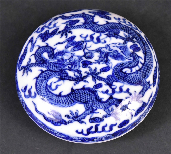 Chinese Blue and White Circular Dragon Seal Box